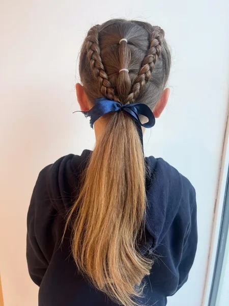 Two Braids into Low Ponytail with Ribbon