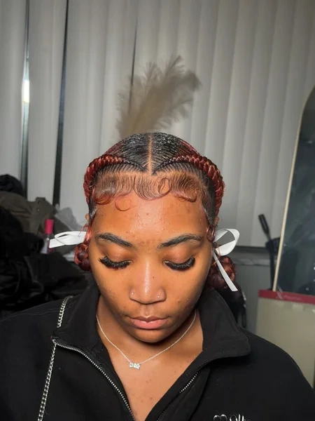 Two Braids with Red Color and Bow Accents