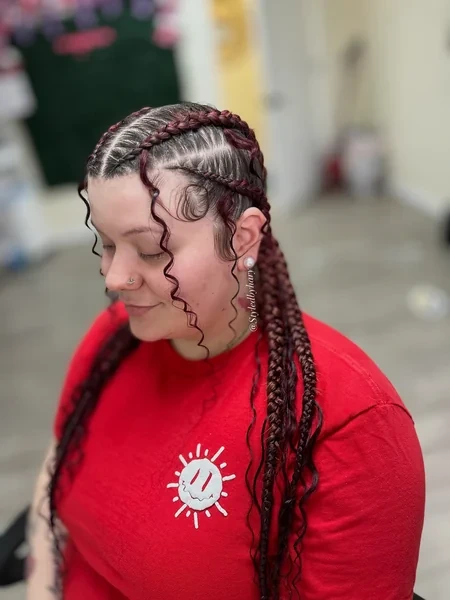 Two Cornrows into Curly Wet Look Braids
