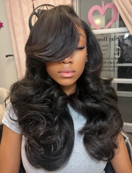 Voluminous Sew In with Side Swept Bang