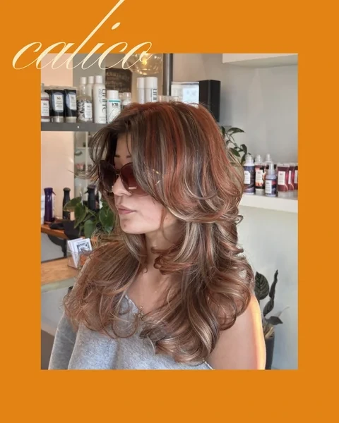 Wavy Calico Hair with Brown Red and Blonde Styled